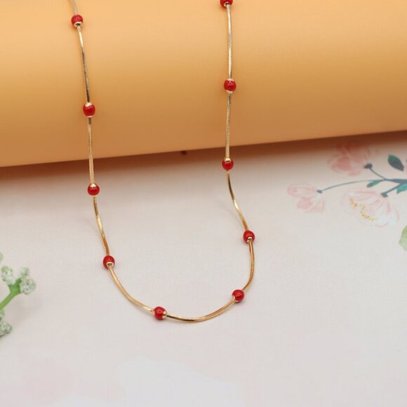 "Rose Gold Necklace with Red Beads Elegant Accent Chain, XPNL0134 - Picture 6 of 12